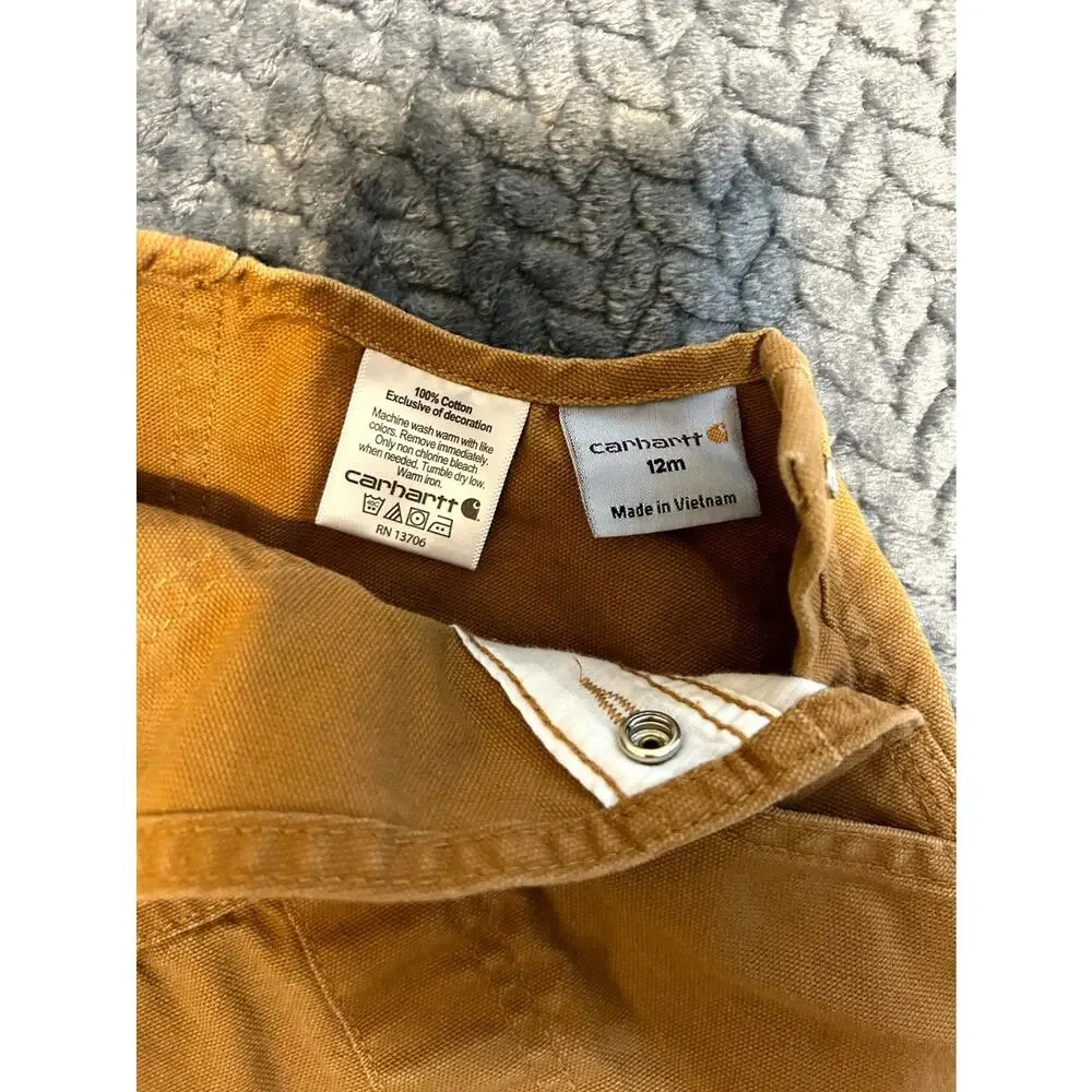Carhartt Canvas Bib Overalls Kids 12M Brown Adjustable Strap Double Knee Snaps